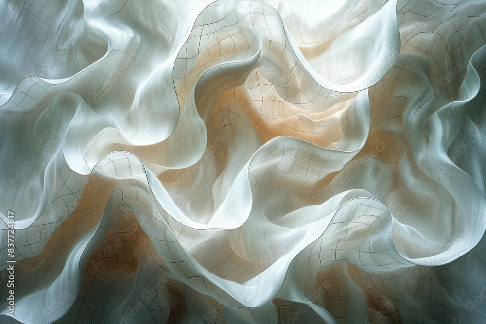 Poster abstract grid patterns with gentle, flowing waves in soft, muted tones, creating a calming and peace