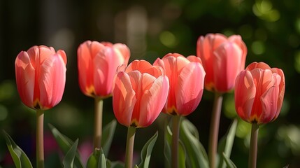 Fototapeta premium A tight shot of pink tulips with green foliage in the background, plus a softly blurred depiction of the tulips' backs