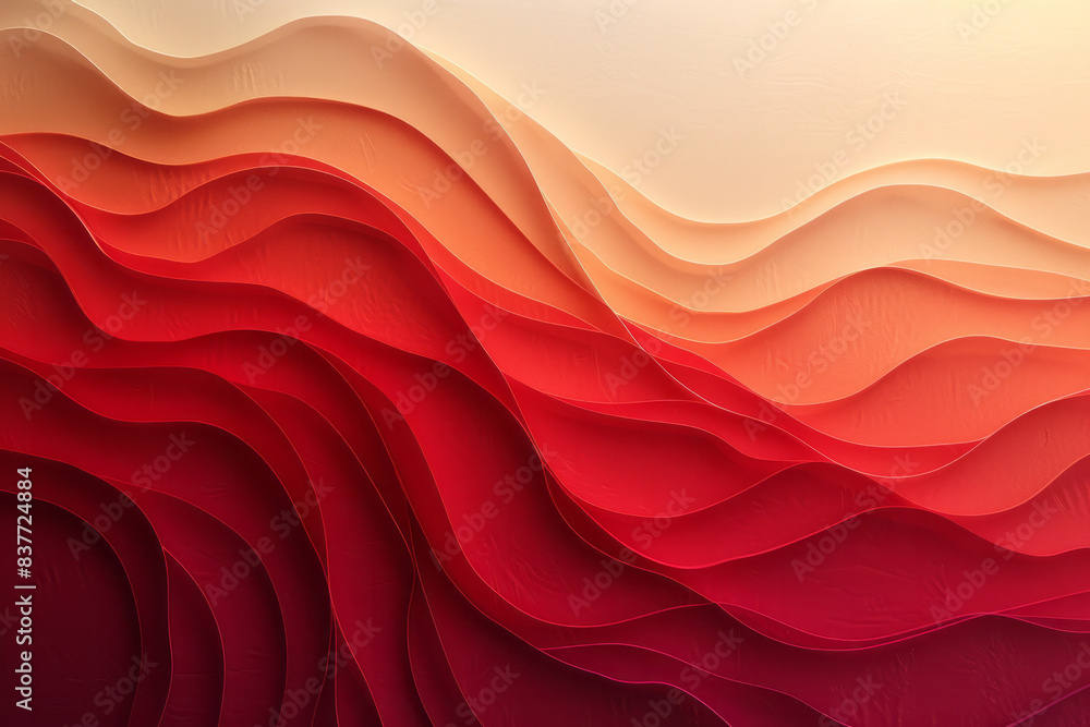 Poster Abstract waves of parallel lines with a sunset-inspired gradient transitioning from deep red to soft peach,