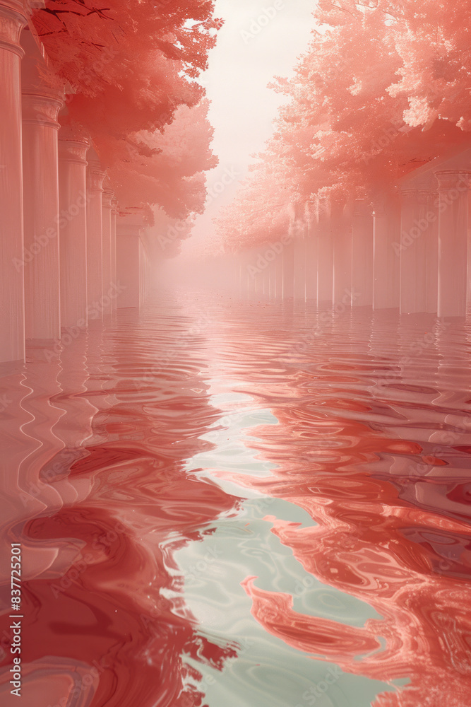 Poster a composition of parallel lines with undulating waves, featuring a gradient from coral pink to salmo