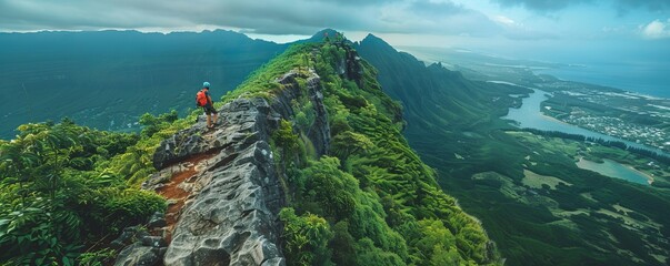 Naklejka premium Aerial view of people climbing on Piton Jacob Peak mountain in Port Louis, Mauritius.