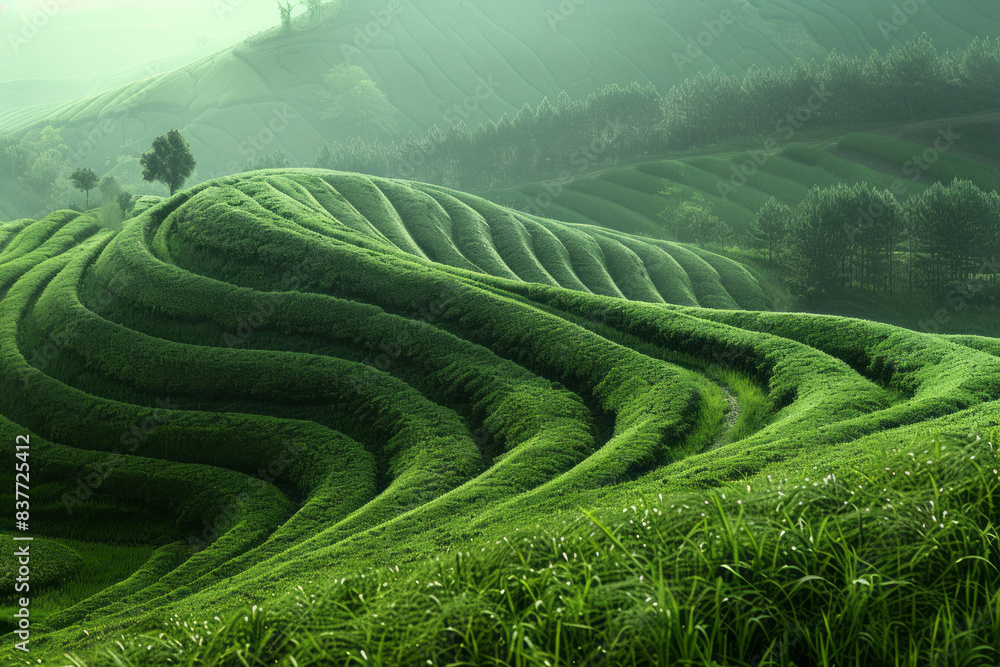 Fototapete parallel lines creating waves with a gradient from olive green to moss green,