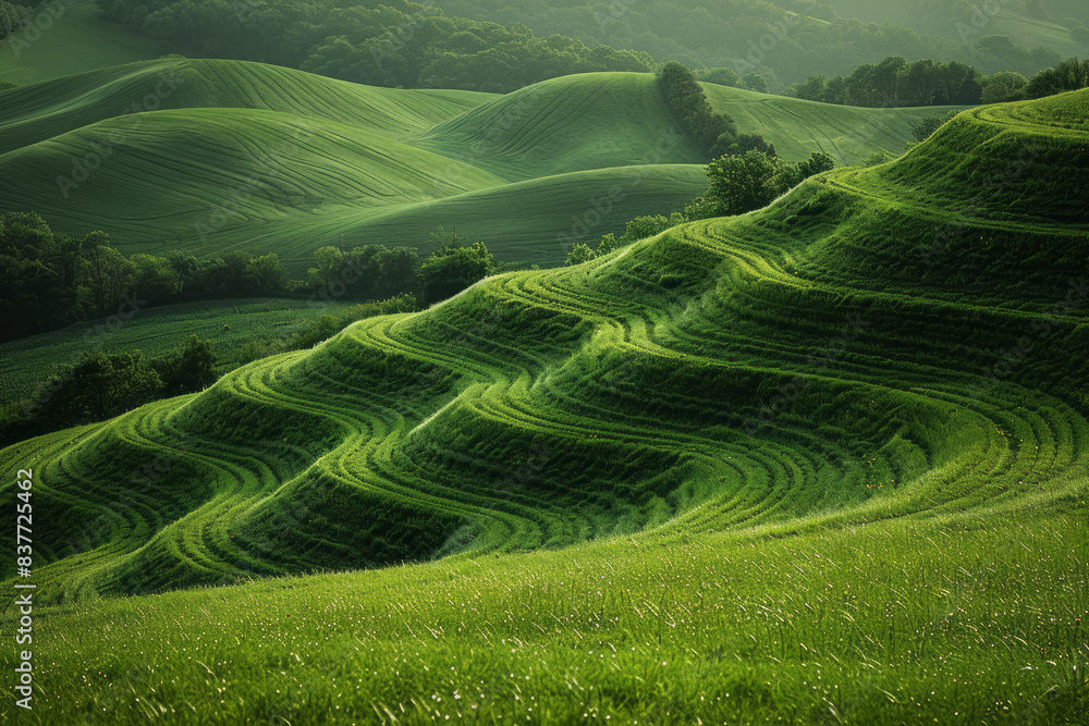 Poster Parallel lines creating waves with a gradient from olive green to moss green,