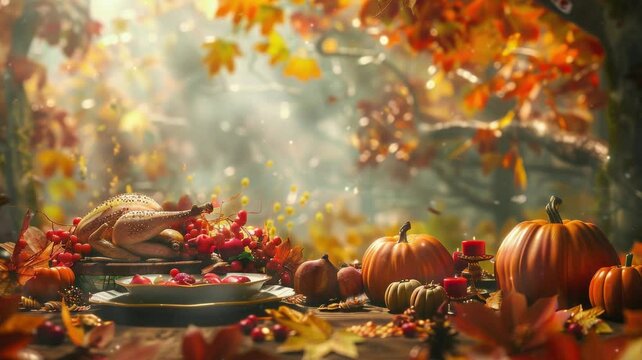 Grilled chicken with pumpkin on table, autumn leaves and tree background, thanksgiving