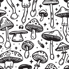 Seamless mushroom pattern background design, black vector illustration on white background