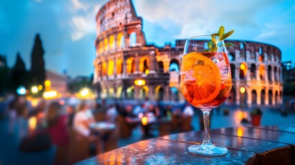 close-up photograph of an Aperol Spritz on a bar table with the iconic Colosseum softly blurred in the background