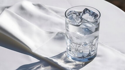 Glass of refreshing soda water with ice cubes on white table