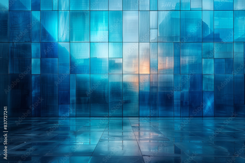 Poster Stacked gradient rectangles in shades of blue, creating a reflective layered pattern,