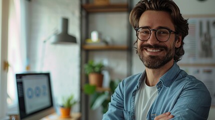 Fototapeta premium A photo of an office worker smiling while standing in front of the screen, presenting data on graphs and charts to his colleagues during team brainstorming for digital marketing. The photo has a