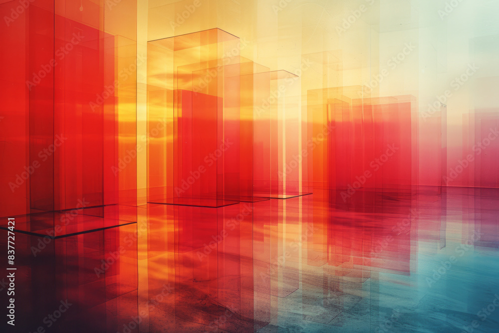 Poster A composition of gradient rectangles in warm tones, transitioning from orange to yellow, layered reflectively,