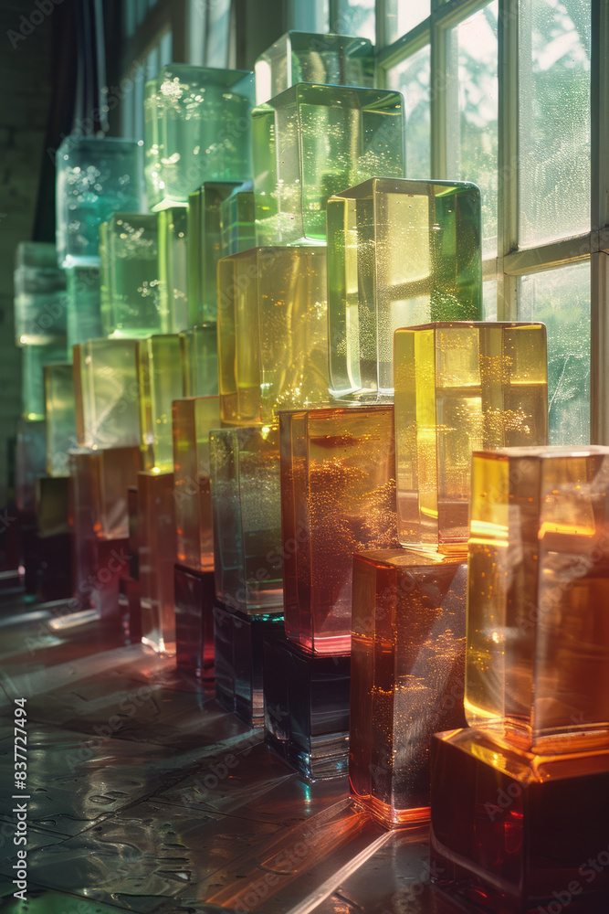 Poster Abstract stacked rectangles with gradients from deep green to lime, creating a layered reflection effect,