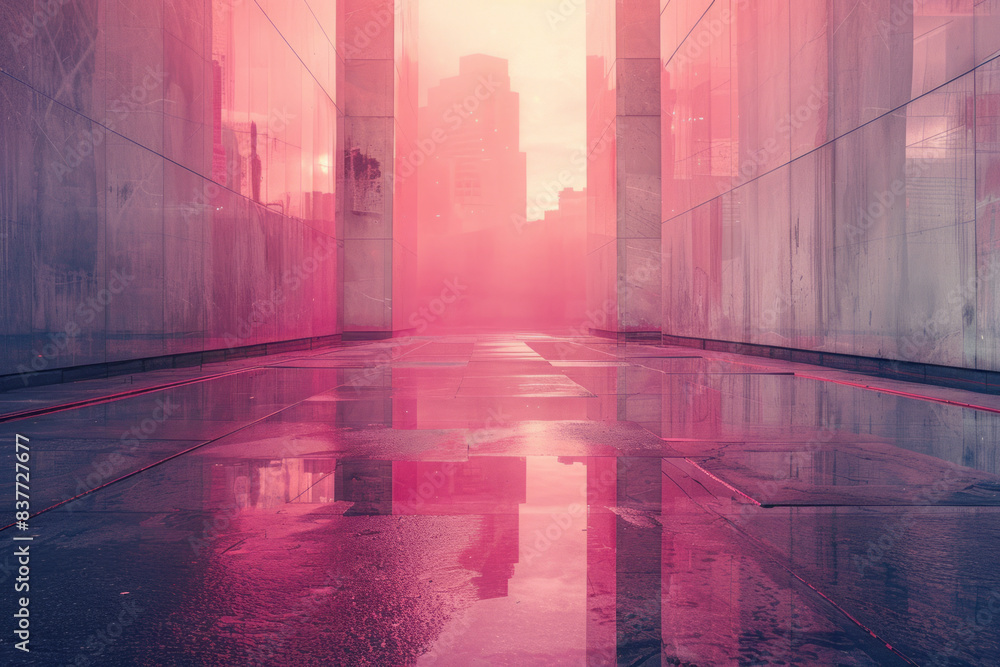 Poster gradient rectangles in shades of pink, layered to create a mirrored composition,