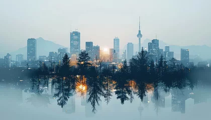 City skyline with mountains, distant peaks, dawn light close up, focus on, copy space Double exposure silhouette with natural backdrop