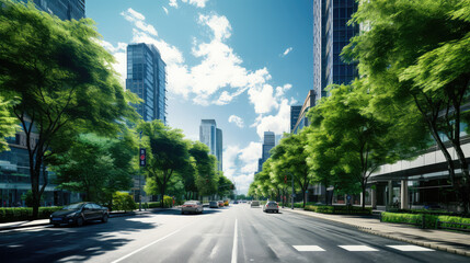 Obraz premium Modern City Street with Lush Green Trees