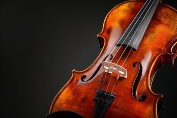 Fototapeta premium Body of a violin with black gradient background isolated. Horizontal composition.