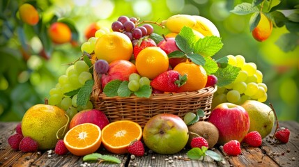 Colorful assortment of fresh fruits in a wicker basket on a wooden table, including apples, oranges, grapes, and strawberries.