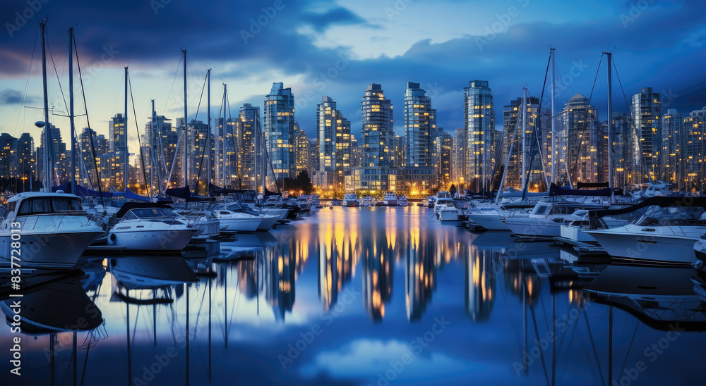 Poster Urban Waterfront at Dusk with Boats