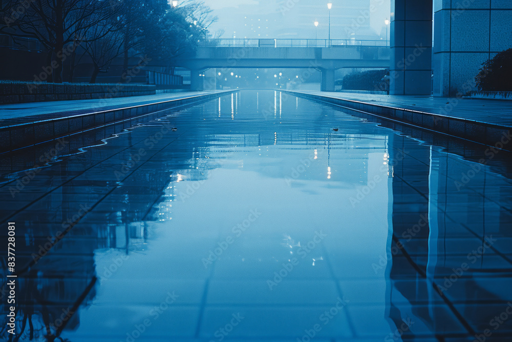 Poster gradient rectangles layered with transitions from sky blue to navy, forming a reflective pattern,