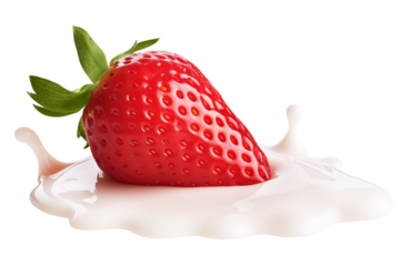 Strawberry in a milk cream isolated on transparent background.