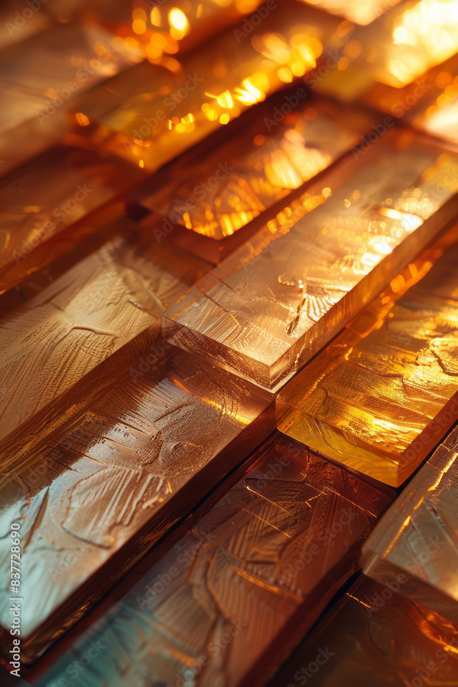 Fototapete Abstract pattern of stacked rectangles with gradients from gold to bronze, reflecting each other,