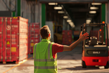 Worker in green vest directing a forklift operator from a distance using hand signals