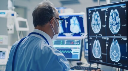 Doctor analyzing brain scans on computer screens in a medical research laboratory.
