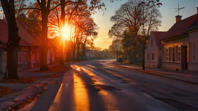 A serene sunrise paints long shadows on a quiet street lined with houses and trees