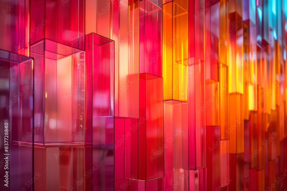 Poster layered rectangles with gradients from crimson to orange, creating a reflective abstract design,