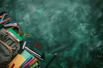 Backpack full of school supplies on green blackboard with blank space for writing top view