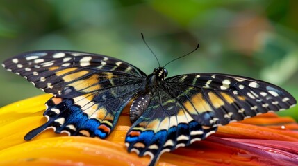  A tight shot of a butterfly atop a bloom, its wings speckled with water droplets Behind, a hazy backdrop of verdant leaves and a riot