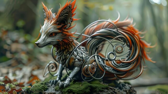 Metal spring handcraft kitsune with multiple coiled tails and a foxlike face