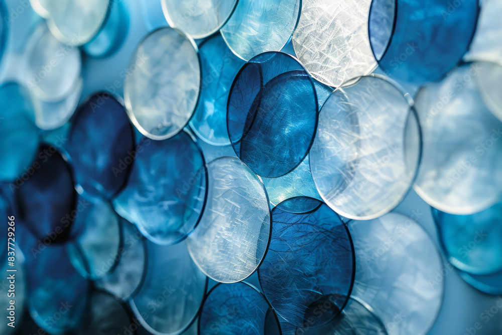 Poster Abstract circles made of gradient glass in shades of blue, reflecting each other in a soothing pattern,