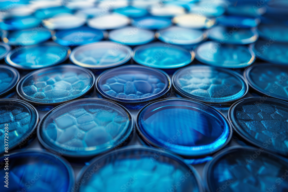 Poster abstract circles made of gradient glass in shades of blue, reflecting each other in a soothing patte