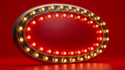 Illuminated Oval Sign with Glowing Bulbs Against a Vibrant Red Background