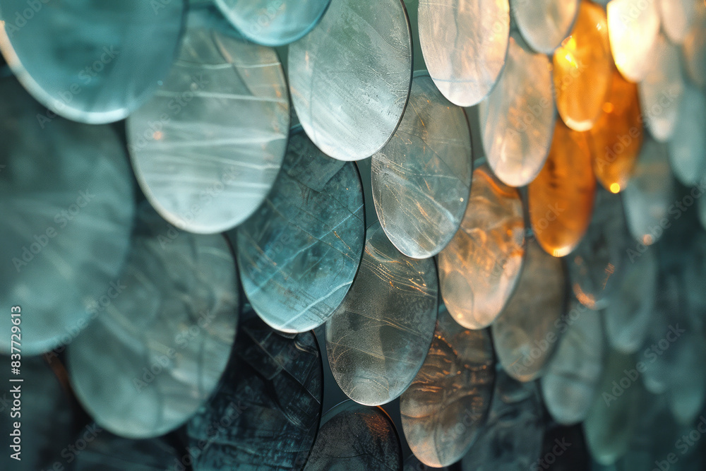Poster a composition of gradient glass circles in shades of grey, transitioning from light to dark and refl