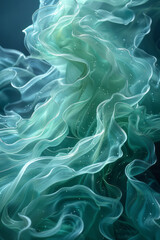 Smooth, undulating light waves in cool tones of green and teal, flowing harmoniously,