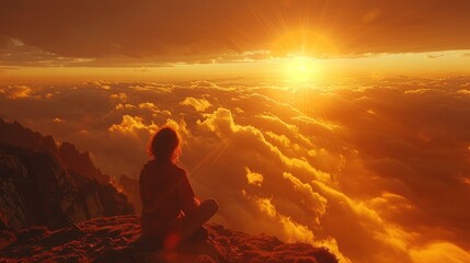 Obraz premium Solitary figure on mountain at golden sunset
