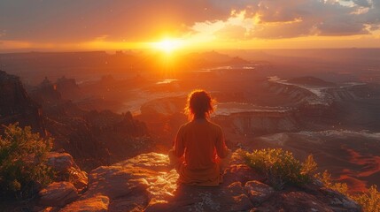 Obraz premium Person meditating on cliff during sunset