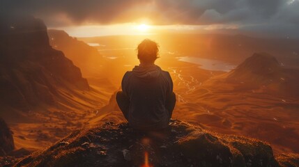 Obraz premium Person sitting on a cliff during sunset