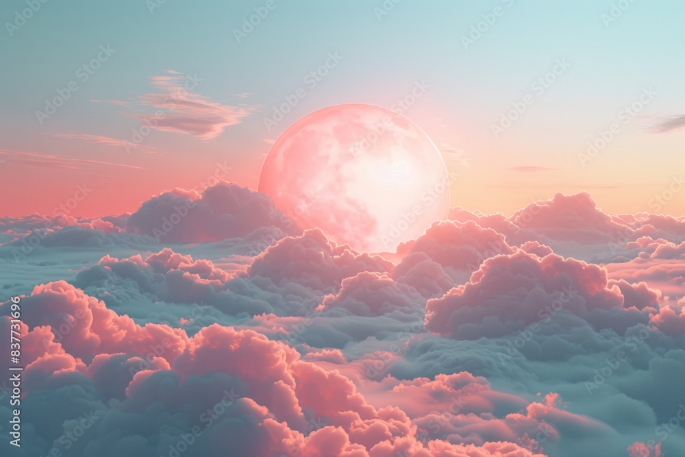 Poster a radiant orb floating in a sea of soft, pastel-colored clouds, creating a dreamy atmosphere,