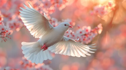 Elegant white dove in flight against a backdrop of blooming cherry blossoms, bathed in soft golden light.
