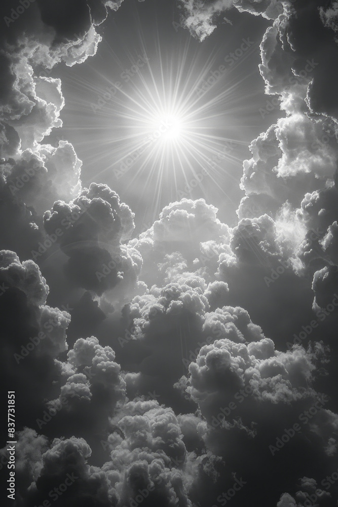 Poster the radiant orb shining through layers of dense, foggy clouds, with rays of light piercing the mist,