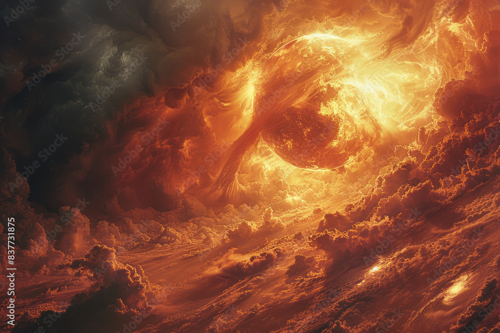 Poster an abstract scene of a glowing orb enveloped in swirling, fiery orange and red clouds,
