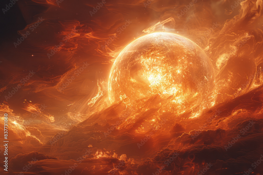 Poster an abstract scene of a glowing orb enveloped in swirling, fiery orange and red clouds,