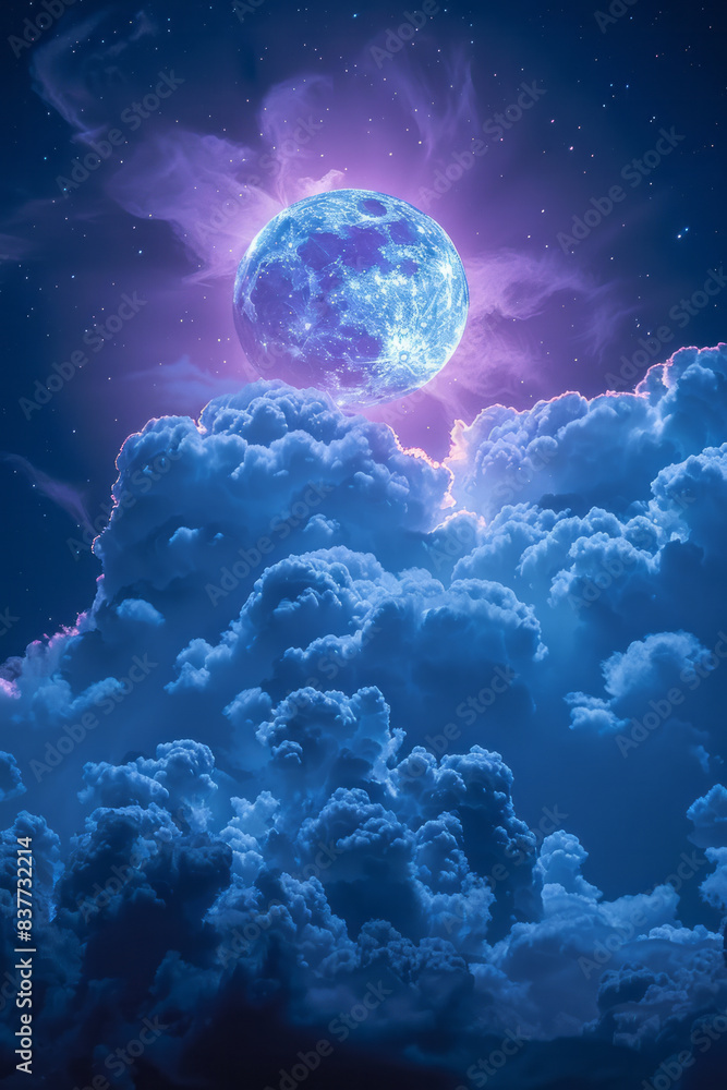 Poster a bright, shining orb enveloped by deep blue and purple clouds, creating a serene and calming scene,
