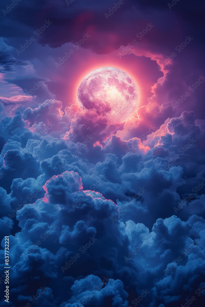 Poster a bright, shining orb enveloped by deep blue and purple clouds, creating a serene and calming scene,