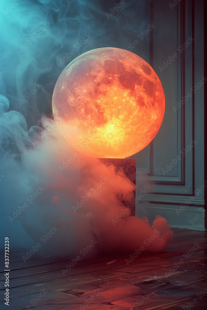 Poster The luminous orb glowing with a soft, ethereal light, surrounded by layers of cloudy mist in various colors,