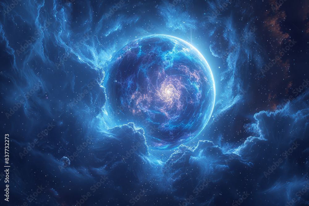 Poster a radiant orb enveloped by dark, stormy clouds with hints of electric blue, creating a dramatic effe