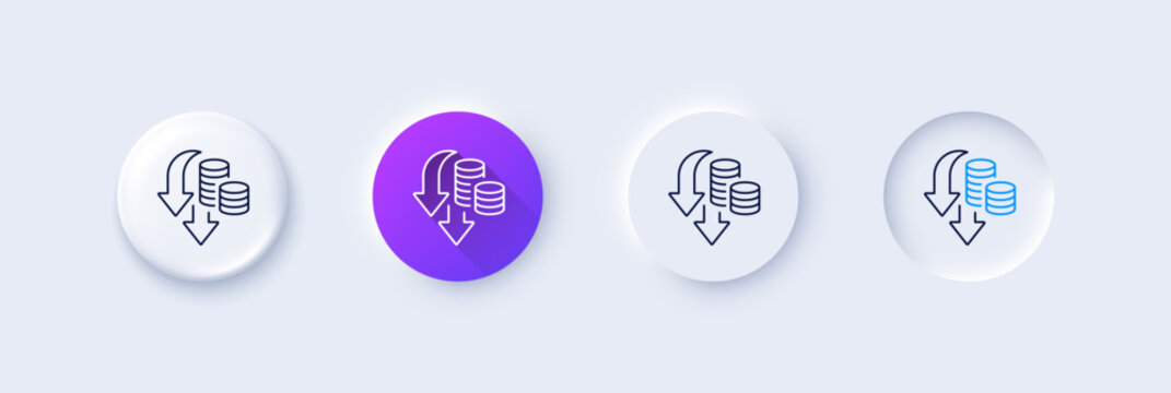 Deflation line icon. Neumorphic, Purple gradient, 3d pin buttons. Price reduction sign. Reduce rate symbol. Line icons. Neumorphic buttons with outline signs. Vector