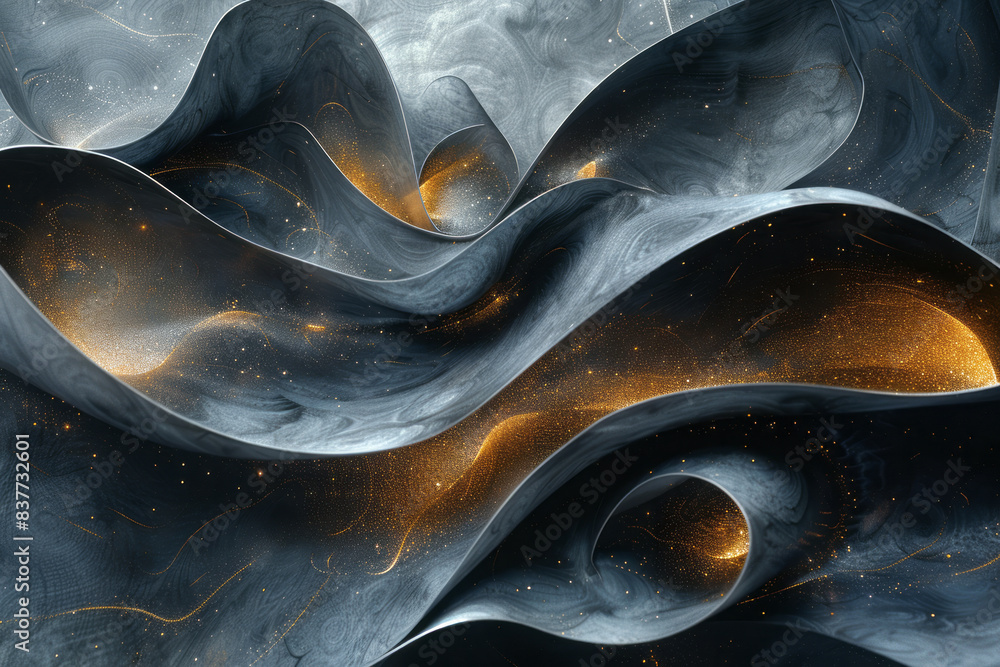 Aufkleber an abstract wave of linear elegance in shades of black and gold, flowing smoothly across the canvas,